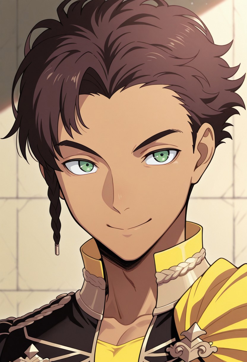 masterpiece,best quality,amazing quality, source_anime,
ClaudeVonRiegan, 1boy, male focus, solo, green eyes, brown hair, dark-skinned male, side braid, garreg mach monastery uniform, shirt, yellow shirt, coat, black coat, high collar, epaulettes, side cape, yellow cape, smile, portrait,