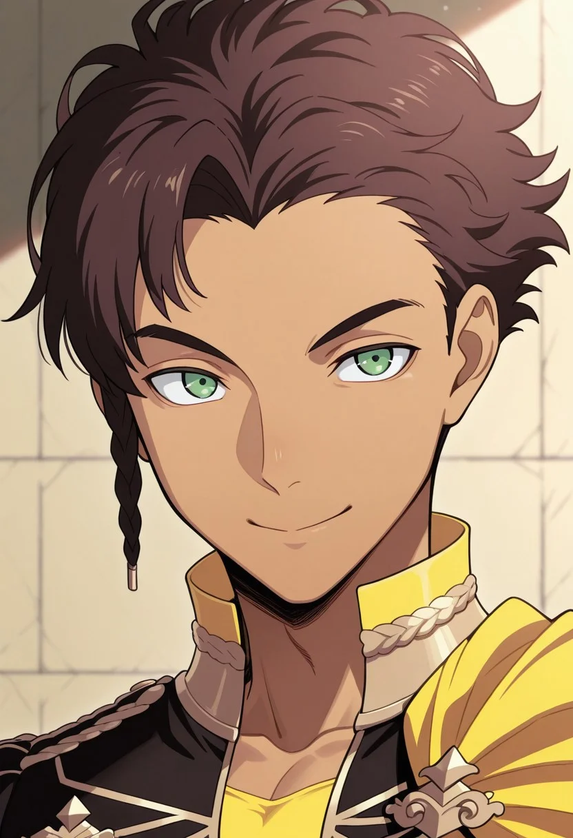 masterpiece,best quality,amazing quality, source_anime,
ClaudeVonRiegan, 1boy, male focus, solo, green eyes, brown hair, dark-skinned male, side braid, garreg mach monastery uniform, shirt, yellow shirt, coat, black coat, high collar, epaulettes, side cape, yellow cape, smile, portrait,