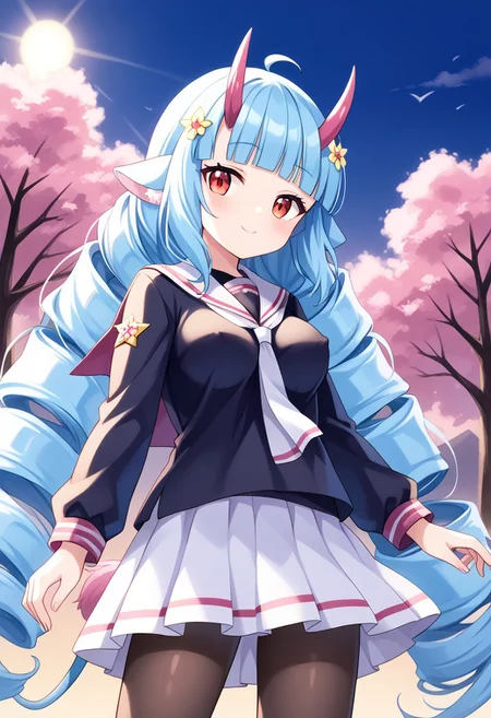 score_9, score_8_up, score_7_up, score_6_up, score_5_up, score_4_up, epic-Ultra-HD-details, epic-Ultra-HD-highlights, 2.5D-upscaled-resolution, source_anime, digital-quality, semi-realism, physically-realistic, lit, cutesie,
afrobullstyle,
BREAK source_anime, anime, best quality, masterpiece, rating_safe, uncensored, High quality, 8k, Ultra,
BREAK (outdoors,Forest, trees, rocks, mountains, blue sky, sun, cumulonimbus clouds),
BREAK 1girl, delmin_(show_by_rock!!),very long hair,drill hair,blue hair,twin drills,blunt bangs,red eyes,horns,animal ears,hair ornament,tail,pantyhose,
ct_c4ptor,black serafuku, white necktie, white sailor collar, white skirt, mini skirt,
BREAK ((cowboy shot)),(standing),(from below),(((from front))),
busty breasts,(large breasts:1.2), ,(thick thighs,:1,2),standard height,(((absurdly long hair:1.2))),
looking at viewer,smile,blush,((erect nipples)),