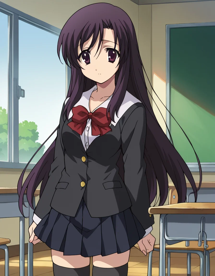 score_9, score_8_up, score_7_up, source_anime,
kotonohakatsura, <lora:kotonoha-katsura-ponyxl-lora-nochekaiser:1>,
kotonoha katsura, purple eyes, black hair, long hair,
black thighhighs, bow, red bow, school uniform, skirt, thighhighs, zettai ryouiki,
indoors, classroom,
looking at viewer, cowboy shot,