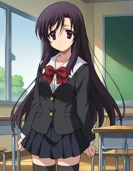 score_9, score_8_up, score_7_up, source_anime,
kotonohakatsura, <lora:kotonoha-katsura-ponyxl-lora-nochekaiser:1>,
kotonoha katsura, purple eyes, black hair, long hair,
black thighhighs, bow, red bow, school uniform, skirt, thighhighs, zettai ryouiki,
indoors, classroom,
looking at viewer, cowboy shot,