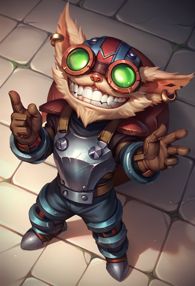 ,score_9, score_8_up, score_7_up, score_6_up,z1ggs, 1boy, male focus, yordle,armor, goggles, helmet, gloves, brown gloves,  <lora:Ziggs_Default_v1:0.9>, from above
