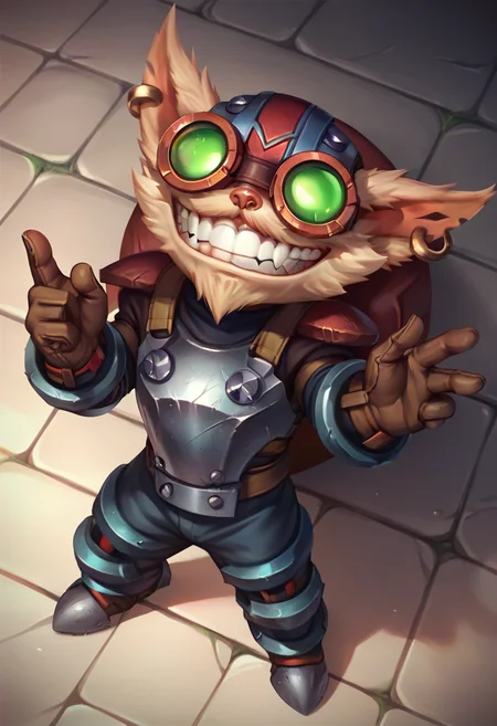 ,score_9, score_8_up, score_7_up, score_6_up,z1ggs, 1boy, male focus, yordle,armor, goggles, helmet, gloves, brown gloves, <lora:Ziggs_Default_v1:0.9>, from above