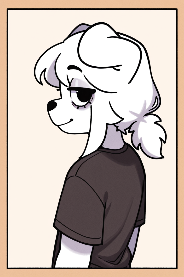 masterpiece, best quality, newest, highres,very aesthetic, absurdes, detailed eyes, 1girl, bearsockzdog,white hair, furry female, dog girl, black eyes, ponytail, upper_body,  shirt, looking at viewer, smiling, simple_background,  border, profile