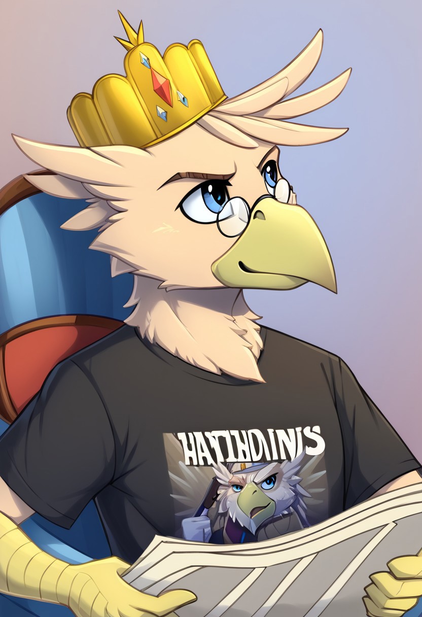 masterpiece, score_9_up, score_8_up, score_7_up, score_6_up, source_furry, (best quality:1.1), ultra-detailed, high resolution, solo, highly detailed macro illustration, solo, Grover VI, kaiser, griffon, anthro, griffon emperor, avian, beak, male, blue eyes, feathers, feathery ears, small round glasses, kaiser crown, black t-shirt, upper body BREAK TomReadingTheNewspaper, sitting, newspaper, chair, reading <lora:TomReadingTheNewspaper_XLPD:1> BREAK Highly Visible, sharp focus, perfect lighting, anatomically correct, extremely detailed, high detail, Expressiveh, detailed background