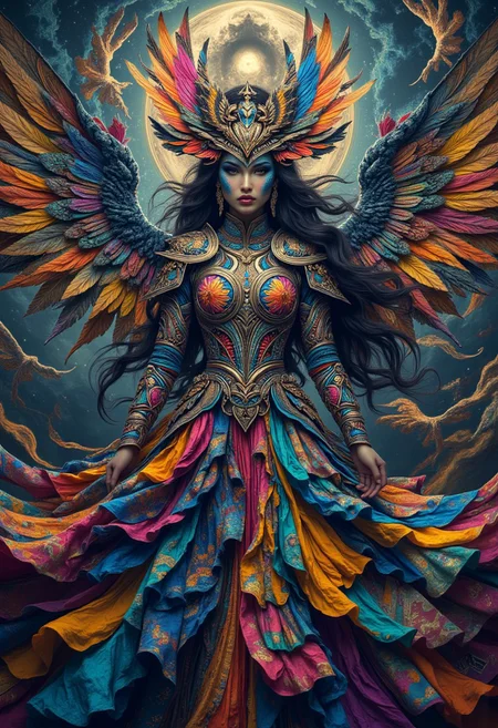 a female warrior. The ghost behind her. unrealistic.. strange world, colorful, psychedelic,
best quality, sharp focus, high contrast, stylized, dark, clear, surreal, ultra quality, 8k, best quality, vivid color, masterpiece, max details, midjourneyv6.1, from below, from the front, midjourney_whisper_avant_couture, detailed