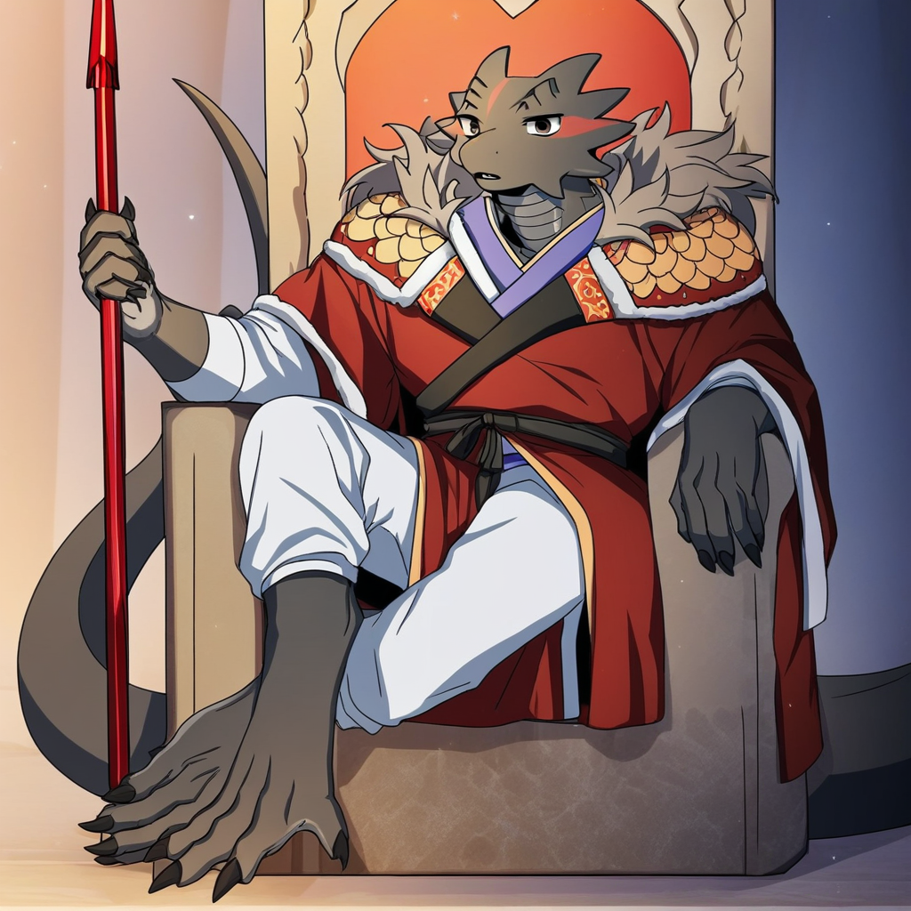 lakrak, lizardman, dark gray skin, muscular male, gray eyes, red eye marks, fur collar, long tail, sharp black claws, red robe, white pants, throne, fullbody, solo, sitting, front view, polearm, feet, barefoot, crossing legs, looking at viewer