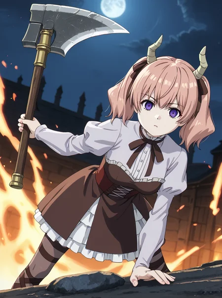 detailed background, posing,
<lora:linie.pony:1>
linie, 
medium breasts, empty eyes, 
holding weapon, axe, 
fight stance, glowing pupils,
night, dark, looking at viewer, bent over,