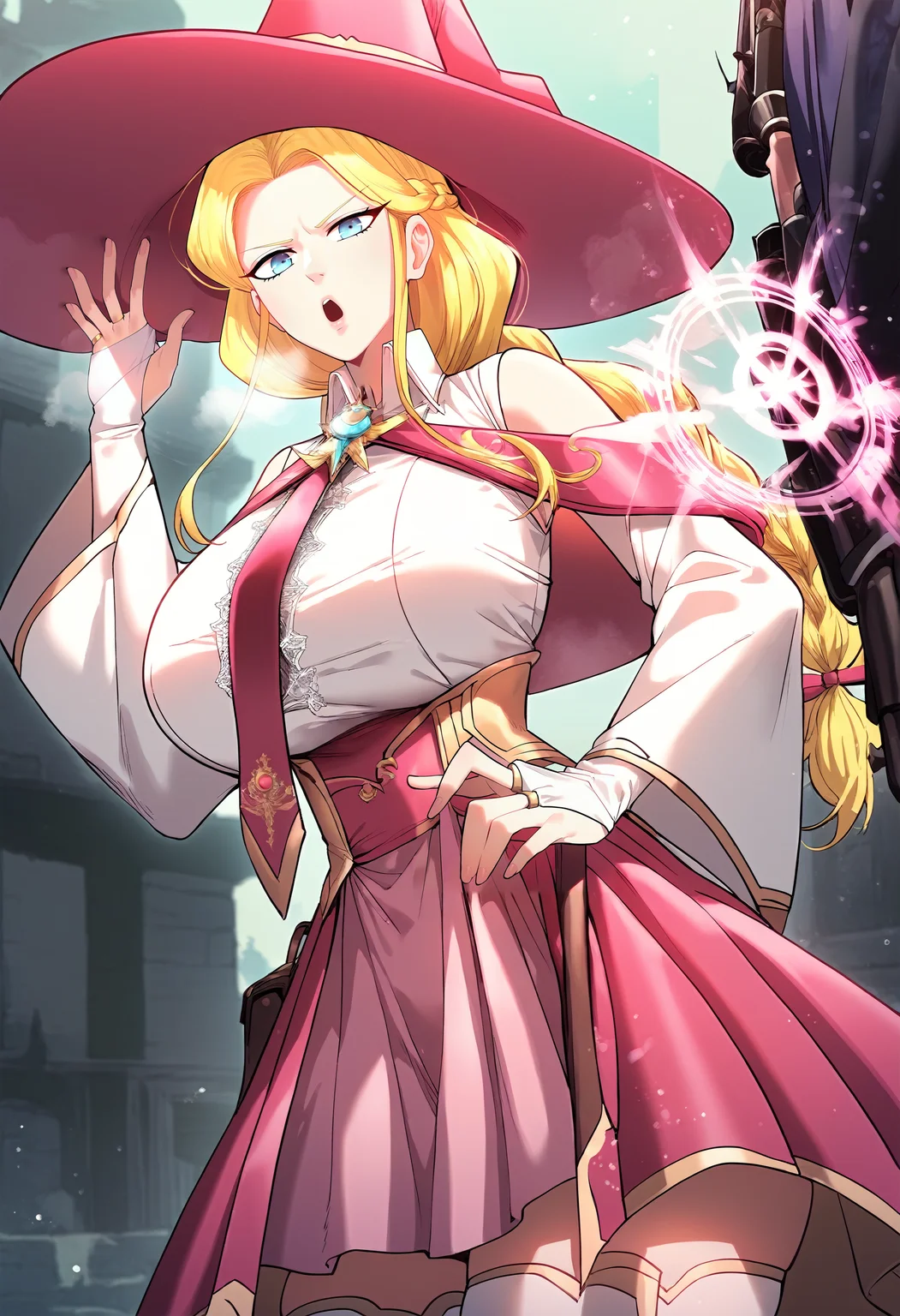 score_9, score_8_up, score_7_up, score_6_up, source_anime, rating_explicit, 1girl, solo, huge breasts, <lora:Arua Ravenponyxl:1> blonde hair, long hair, blue eyes, braid, pink hair ribbon, braided ponytail, witch hat, brooch, pink necktie, white shirt, collared shirt, sleeveless shirt, dress, detached sleeves, long sleeves, wide sleeves, bridal gauntlets, pink skirt, red skirt, white thighhighs, serious, open mouth, Narrow shoulders, heavy breathing, steaming body, ruins, outdoors, looking at viewer, close-up, hand up, magic circle, casting spell,