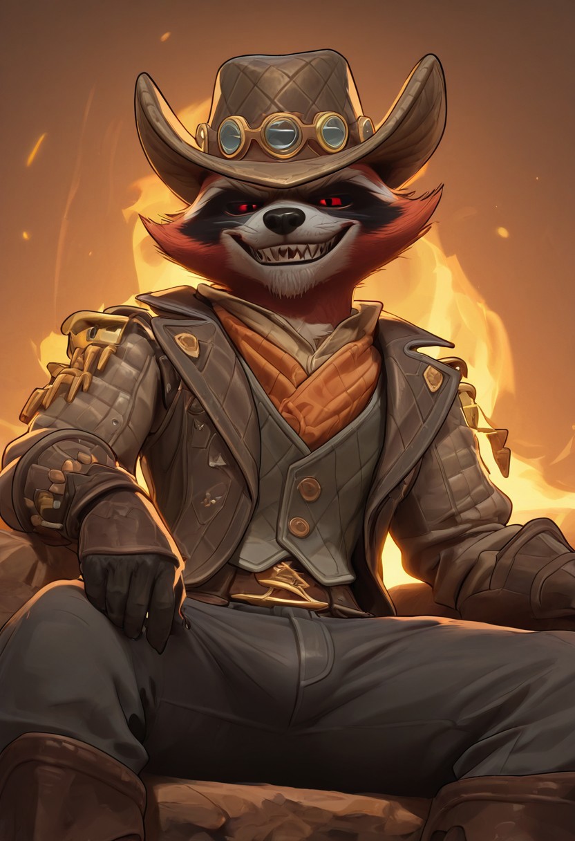 masterpiece, best quality, amazing quality, very aesthetic, absurdres, newest,  high quality, detailed, male, solo male, RocketBH, 1boy, broad shoulders, mature male, anthro, raccoon, animal ears, black and red orange fur, red eyes, red sclera, athletic build, facial hair, cowboy hat, gray vest, gray jacket, cowboy, bounty hunter, looking at viewer, grinning, sharp teeth, detailed face, detailed eyes:2.0, volumetric lighting, half body, outdoors, western, southern, orange (theme), old west, sitting down, legs spread, camp fire, night time, smug, bulge
