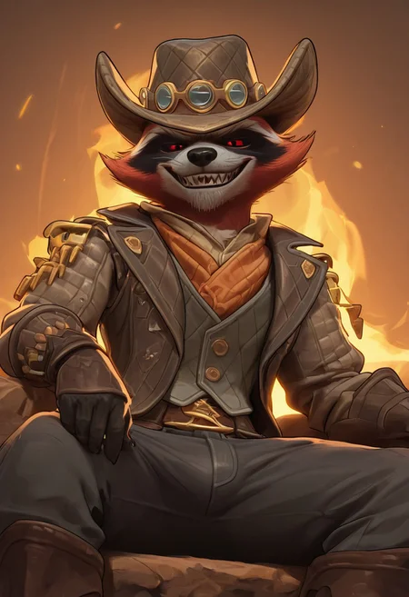 masterpiece, best quality, amazing quality, very aesthetic, absurdres, newest, high quality, detailed, male, solo male, RocketBH, 1boy, broad shoulders, mature male, anthro, raccoon, animal ears, black and red orange fur, red eyes, red sclera, athletic build, facial hair, cowboy hat, gray vest, gray jacket, cowboy, bounty hunter, looking at viewer, grinning, sharp teeth, detailed face, detailed eyes:2.0, volumetric lighting, half body, outdoors, western, southern, orange (theme), old west, sitting down, legs spread, camp fire, night time, smug, bulge