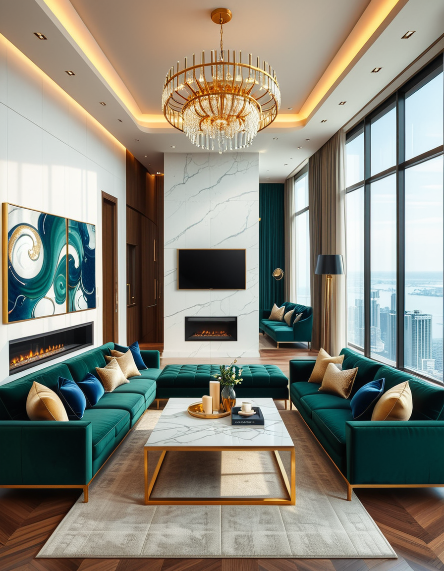 A lavish and modern luxury living room with a spacious open layout. The room features a grand chandelier with crystal details hanging from a high ceiling. Plush velvet sofas in deep emerald green and navy blue are arranged around a sleek marble coffee table with gold accents. The floor-to-ceiling windows allow natural light to flood the space, revealing a breathtaking city skyline in the background. A contemporary fireplace with a sculptural design adds warmth, while elegant artwork and designer decor pieces complete the sophisticated ambiance. The lighting is soft and ambient, creating a cozy yet opulent atmosphere.
<lora:SDXLFaeTastic2400:0.4> <lora:extremely_detailed:0.4> extremely detailed,  <lora:luxurious_l1v1ng_r00m:1>,luxurious l1v1ng r00m, Masterpiece,best quality,hi res,8k,hi res,8k,award winning,(sharp focus, intricate, highly detailed),