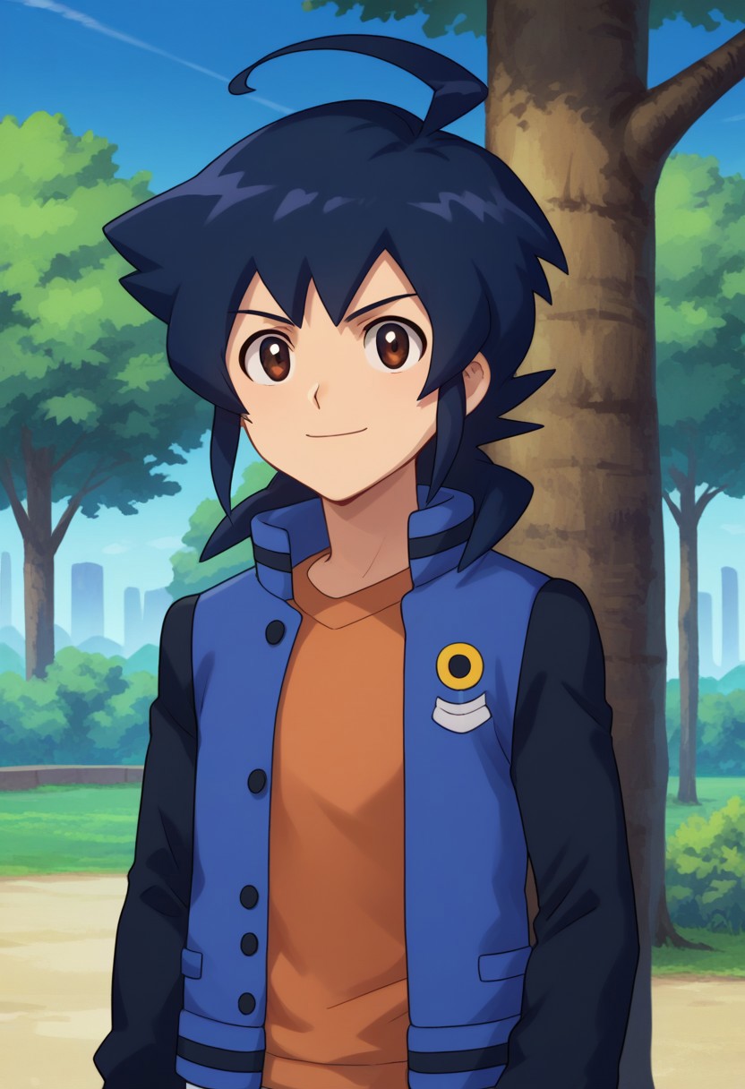 score_9, score_8_up, score_7_up, source_anime, highly detailed,
oozora, 
1boy, male focus, brown eyes, solo, jacket, ahoge, orange shirt, blue hair, open clothes, open jacket, upper body, blue hair, blue jacket, pants, smile,
outdoor, sky, tree,