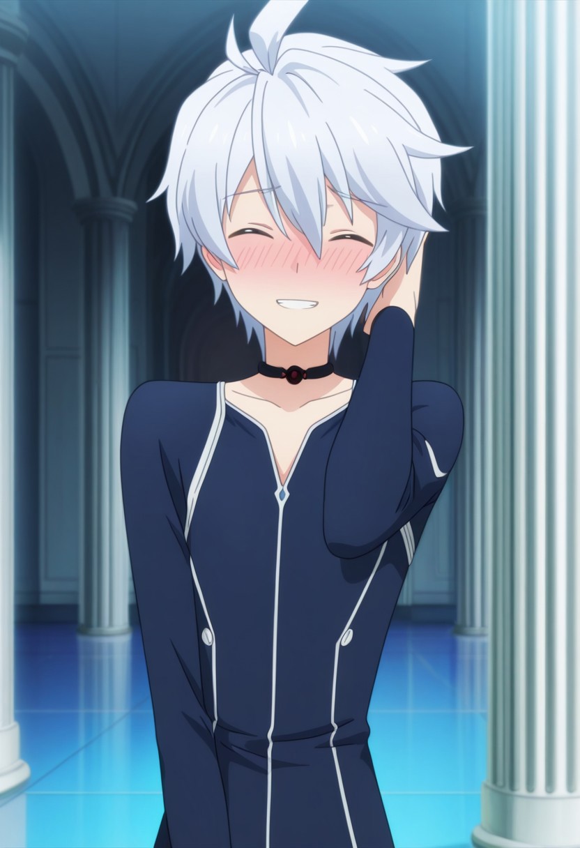 masterpiece, anime screencap, best quality, official style, soft details, smooth hair, 1boy, solo, male focus, looking at viewer, long sleeve, pilot suit, choker, upper body, cowboy shot, skinny, cute, round face, bangs, youthful, indoor, hall, pillar, lux_arcadia, white hair, closed eyes, ahoge, hair between eyes, standing, hand behind head, flustered, light smile, teeth