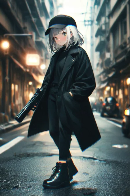 blurry, blurry_background, blurry_foreground, depth_of_field, motion_blur, focused, photo_(medium), photo_background, blur_censor, bokeh, photo_inset, film_grain, chromatic_aberration,
<lora:Dark_Detective:1>
1girl, bangs, black coat, black footwear, black headwear, black pants, blurry, blush, hand in pocket, holding gun, jacket, long sleeves, medium hair, road, ruins, solo, standing, white hair