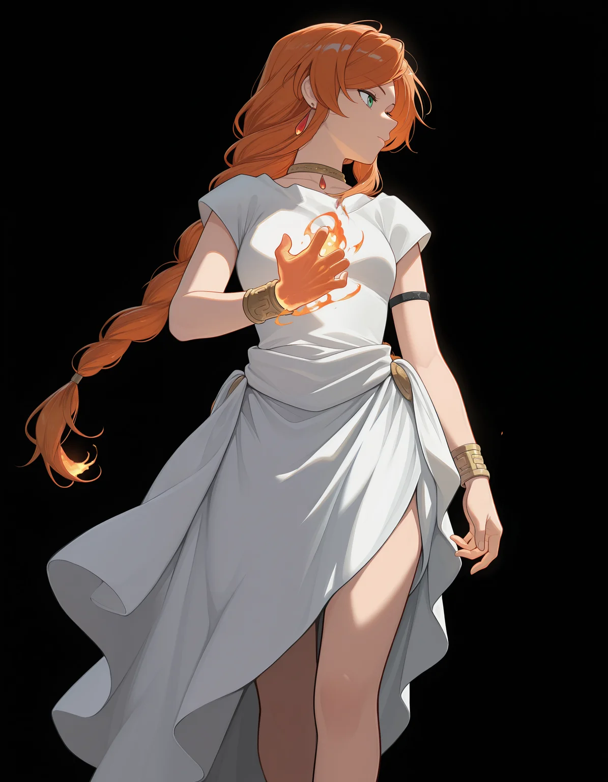 <lora:Flamme Illu:1>fl4mme, orange hair, green eyes, braided ponytail, earrings,
white dress, short sleeves, single armlet, bracelets, necklace,
looking to the side, feet out of frame, casting spell, fire in hand,
simple background, black background,, masterpiece, best quality, amazing quality