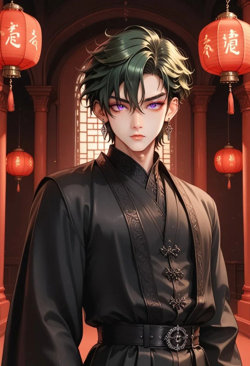 8k portrait, 1 boy,solo, (finely detailed beautiful eyes: 1.2), full body, cowboy shot, male focus, 20 years old,AntherimA, purple eyes, slit pupils, dark green hair, hair between eyes, asymmetrical hair parting, light_red_eyeshadow, ((1_earstud_left_side)), shy, dynamic pose, chinese_clothing, long sleeves, flowing fabrics, gothic style , intricate, elegant, highly detailed, majestic, professional photography, masterpiece, very dark, lanterns, black waistband, hdr, chinse palace, red pillars, giant coiled snake,