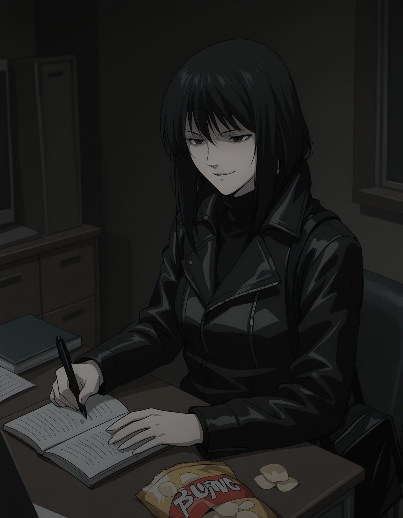 <lora:naomi-illustrious-000020:1> n4om1dn, turtleneck, jacket,
1girl, solo, sitting, smirk, desk, pen, holding book, bag of chips, dark, indoors