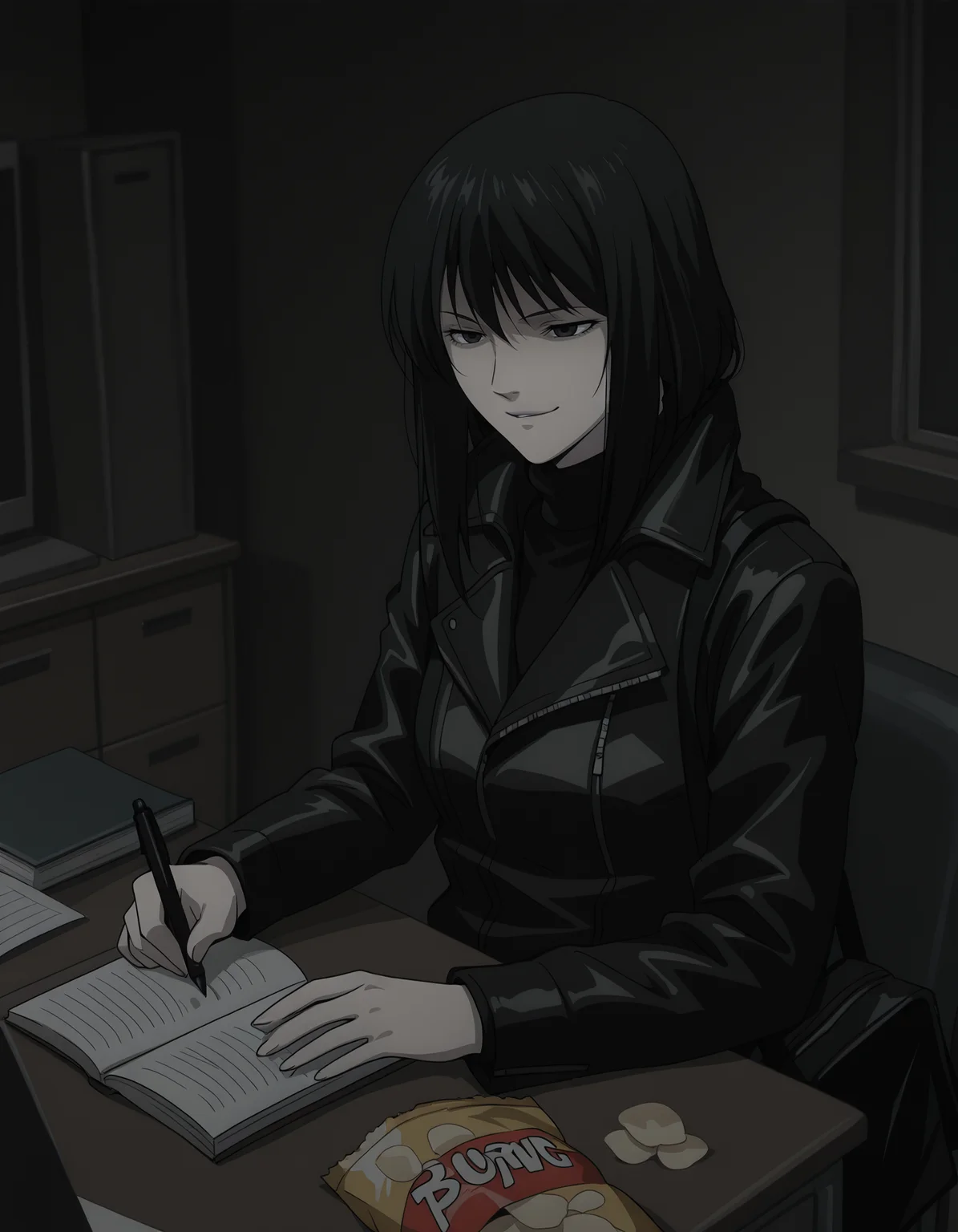 <lora:naomi-illustrious-000020:1> n4om1dn, turtleneck, jacket,
1girl, solo, sitting, smirk, desk, pen, holding book, bag of chips, dark, indoors