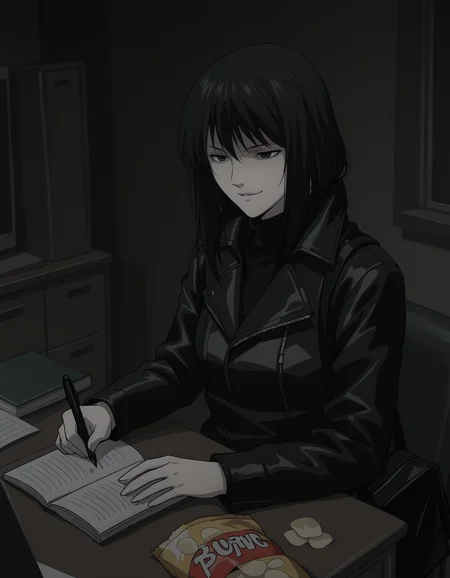 <lora:naomi-illustrious-000020:1> n4om1dn, turtleneck, jacket,
1girl, solo, sitting, smirk, desk, pen, holding book, bag of chips, dark, indoors