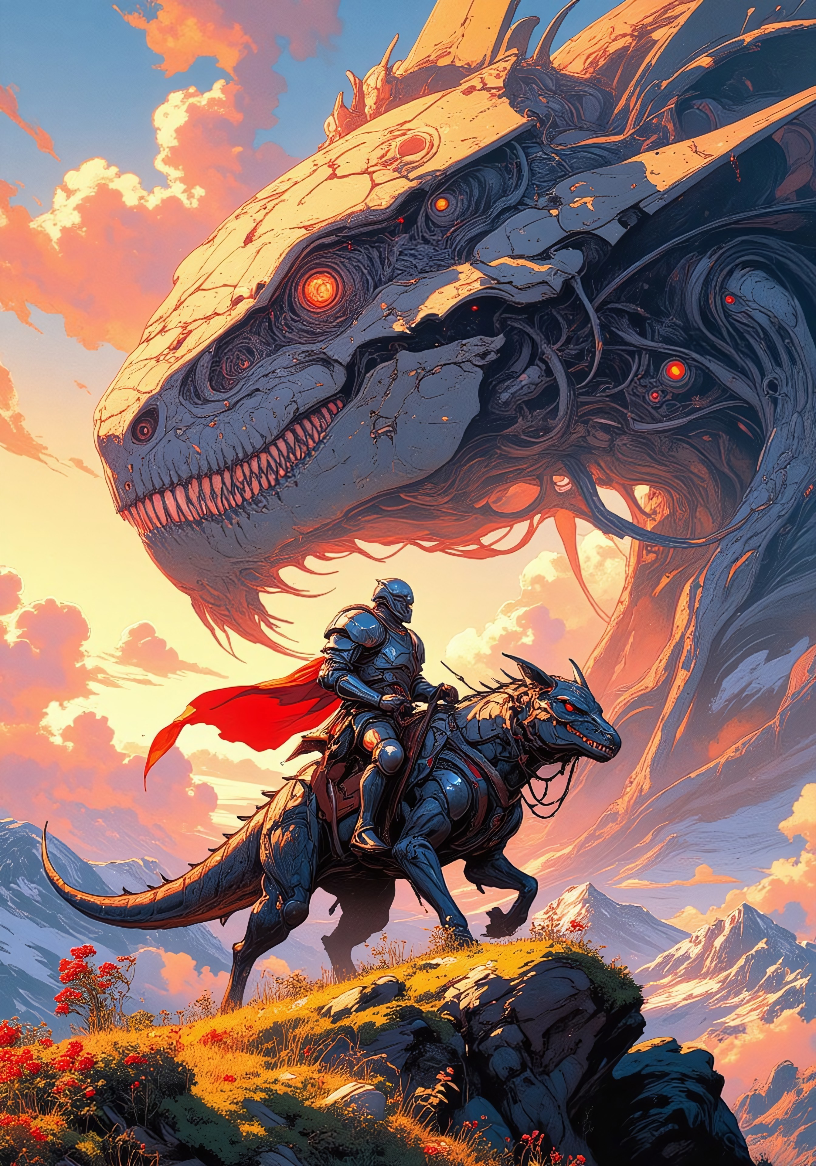 8k high quality digital painting, masterpiece, very detailed, best quality, very detailed epic masterpiece, Spaceship in the sky, unearthly beautiful, a breathtakingly beautiful landscape in the French Alps, in the foreground a shiny knight riding on a black dinosaur-like dragon watches a massive, intricately designed spaceship in the distance, its design inspired by insects, the low sun casts long shadows, breathtaking light effects by the sun, orange and pink clouds, enchanting landscape, fairytale-like, calm mood, flowers in the foreground. niji_flux, DB4RZ, DB4RZ style painting