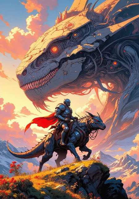 8k high quality digital painting, masterpiece, very detailed, best quality, very detailed epic masterpiece, Spaceship in the sky, unearthly beautiful, a breathtakingly beautiful landscape in the French Alps, in the foreground a shiny knight riding on a black dinosaur-like dragon watches a massive, intricately designed spaceship in the distance, its design inspired by insects, the low sun casts long shadows, breathtaking light effects by the sun, orange and pink clouds, enchanting landscape, fairytale-like, calm mood, flowers in the foreground. niji_flux, DB4RZ, DB4RZ style painting