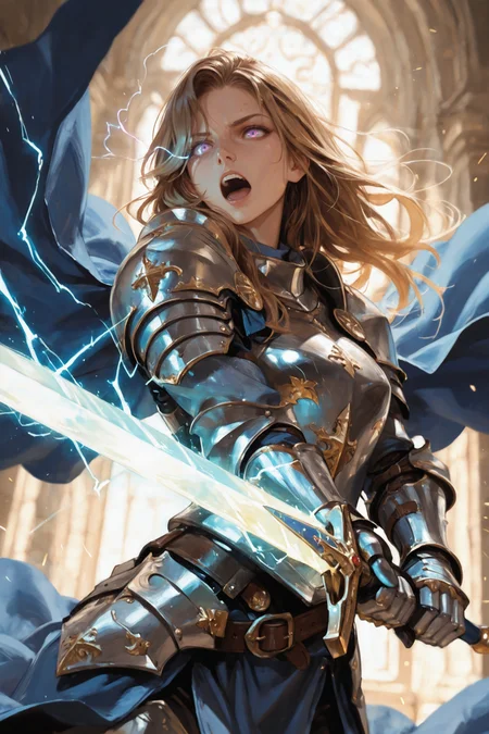 1girl, weapon, sword, armor, solo, cape, holding, holding weapon, open mouth, long hair, holding sword, blue cape, glowing, teeth, blue eyes, brown hair, gauntlets, purple eyes, shoulder armor, knight, breastplate, glowing weapon, belt, glowing sword, magic, two-handed, light trail, glowing eye, plate armor, blonde hair, electricity, upper teeth only, pauldrons, faulds, eye trail
<lora:rimixO:0.65>, masterwork, masterpiece, best quality,  detailed, depth of field, , high detail, best quality, very aesthetic, 8k, dynamic pose, depth of field, dynamic angle, adult,  aged up