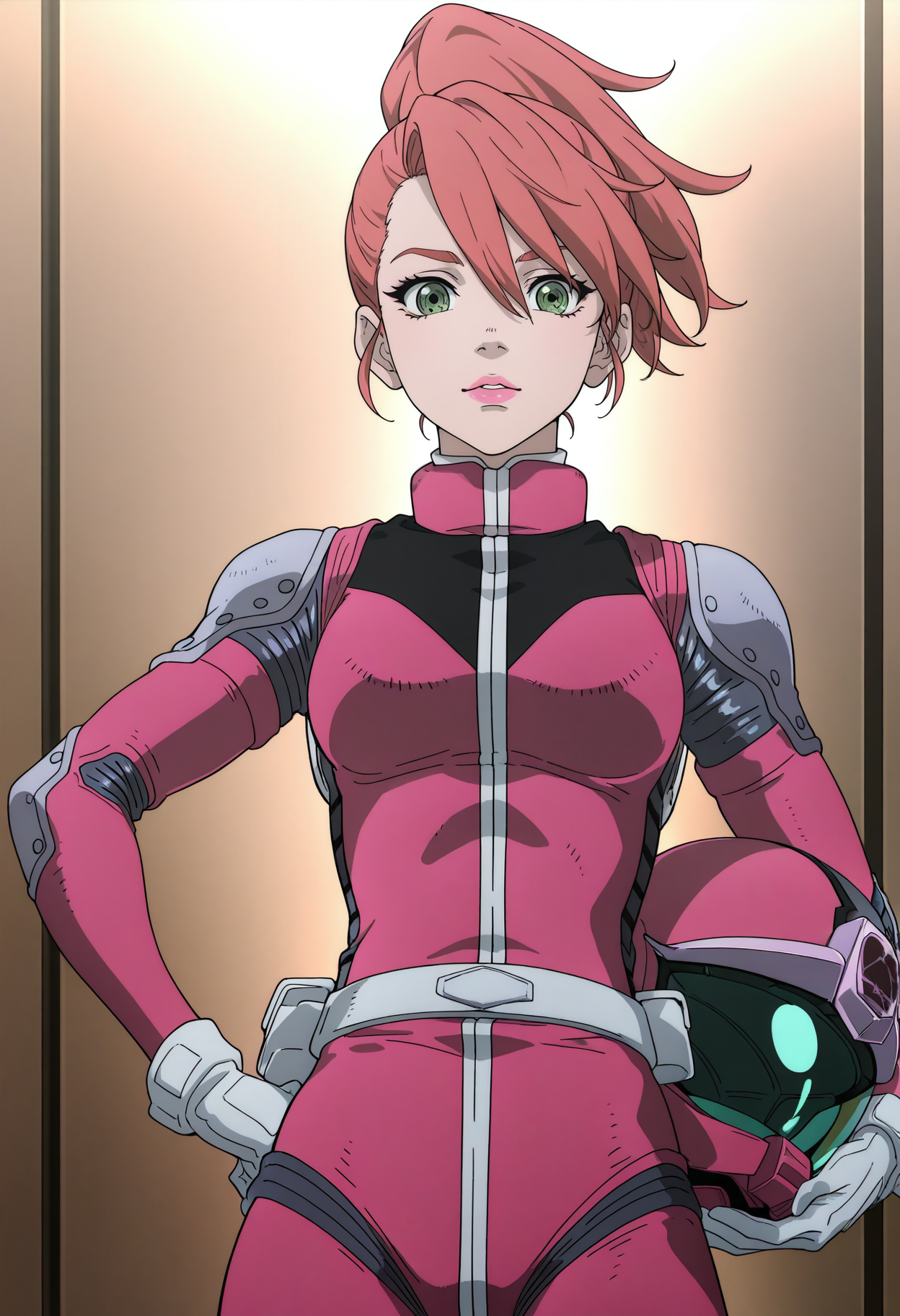 masterpiece, best quality, good quality, <lora:GTBBianca:1>, GTBBianca, 1girl, ponytail, pink hair, green eyes, pink lips, breasts,
pink pilot suit, white belt, white gloves,
looking at viewer, hand on own hip, holding helmet, unworn helmet,
BREAK hangar, indoors, bright background,
