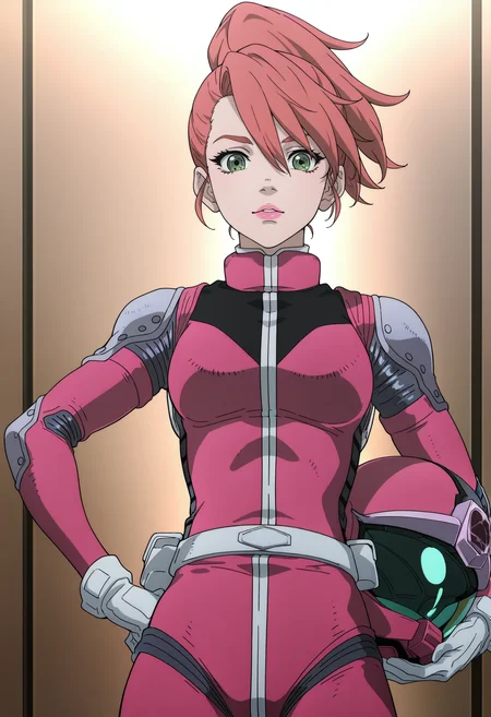masterpiece, best quality, good quality, <lora:GTBBianca:1>, GTBBianca, 1girl, ponytail, pink hair, green eyes, pink lips, breasts,
pink pilot suit, white belt, white gloves,
looking at viewer, hand on own hip, holding helmet, unworn helmet,
BREAK hangar, indoors, bright background,