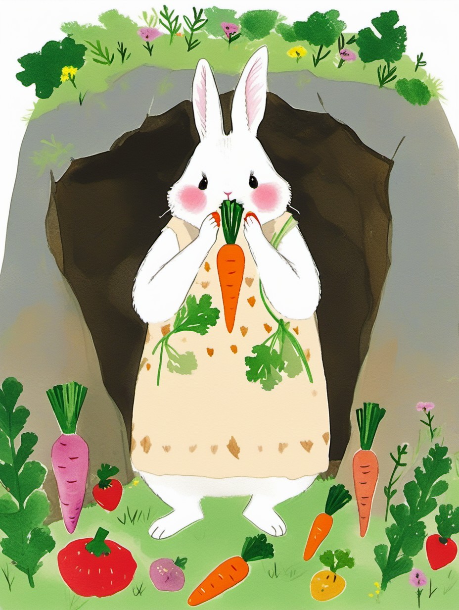 masterpiece, high quality,A cute little rabbit eating carrots at the mouth of the cave,hand drawing,illustration  <lora:J_drawing  XL:0.8> j_drawing