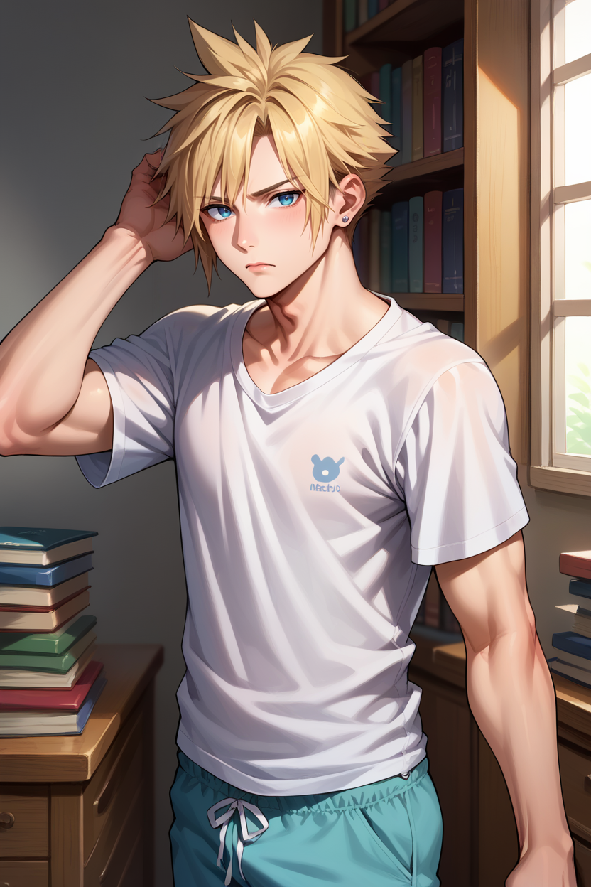 score_9, score_8_up, score_7_up, score_6_up, source_anime, 1boy, male focus, solo BREAK  <lora:cloudstrife-pdxl-nvwls-v1-000006:0.9> defCloud, blonde hair, single earring, black t-shirt, loose clothes, pajama pants, bedroom, bookshelf, looking at viewer, tired