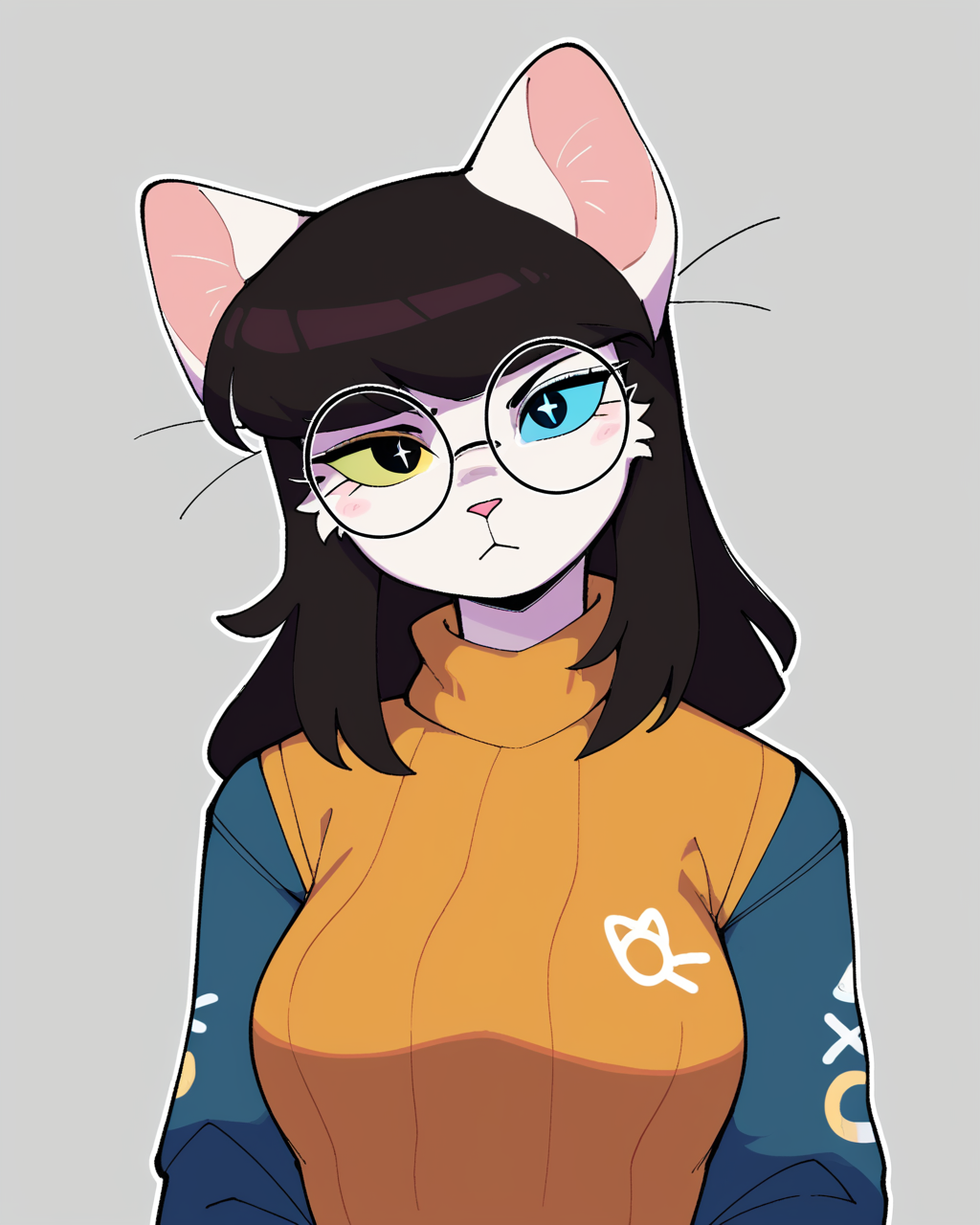 score_9_up, score_8_up, score_7_up, score_6_up, half-length portrait, cat, medium breasts, black hair, white body, heterochromia, sweater, female, round glasses, jeans, white sneakers, cat tail, looking at viewer, solo, neutral expression, three-quarter view, head tilt, simple background, white outline, <lora:Leah_Pines(AIM)_XL_v1:0.15> <lora:PDXL_artist_tags_v2_big:0.5> <lora:The-Minuscule-Task_PDXL_v1.0:0.6>  <lora:Mika_Shinohara_Sonokido:0.6>