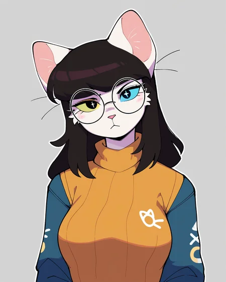 score_9_up, score_8_up, score_7_up, score_6_up, half-length portrait, cat, medium breasts, black hair, white body, heterochromia, sweater, female, round glasses, jeans, white sneakers, cat tail, looking at viewer, solo, neutral expression, three-quarter view, head tilt, simple background, white outline, <lora:Leah_Pines(AIM)_XL_v1:0.15> <lora:PDXL_artist_tags_v2_big:0.5> <lora:The-Minuscule-Task_PDXL_v1.0:0.6> <lora:Mika_Shinohara_Sonokido:0.6>