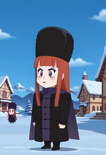 1girl, long hair, red hair, blunt bangs, coat, hat, chibi, solo. small body, outdoors, snow,aunt lydia