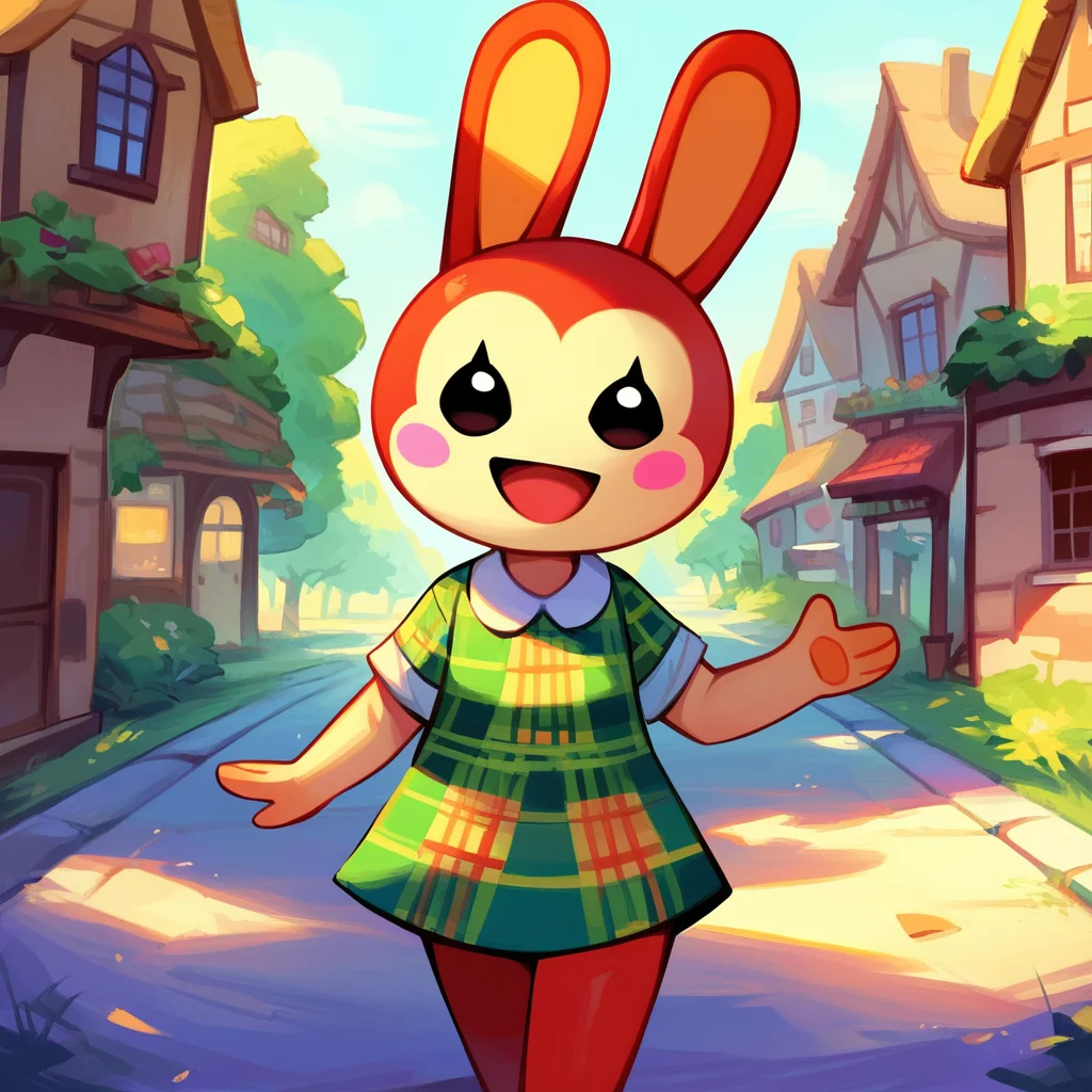 zPDXL2, score_9_up, score_8_up, score_7_up, 2d, rating_safe, (detailed background, neighborhood, village, town, houses), cowboy shot, 1girl, solo, large head, bunnie_\(animal_crossing\), rabbit, lagomorph, anthro, red fur, black eyes, dot eyes, eyelashes, blush stickers, green plaid shirt, short sleeves, smile, open mouth, waving, looking at viewer, <lora:PDXL_Bunnie_AC:1>