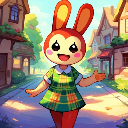 zPDXL2, score_9_up, score_8_up, score_7_up, 2d, rating_safe, (detailed background, neighborhood, village, town, houses), cowboy shot, 1girl, solo, large head, bunnie_\(animal_crossing\), rabbit, lagomorph, anthro, red fur, black eyes, dot eyes, eyelashes, blush stickers, green plaid shirt, short sleeves, smile, open mouth, waving, looking at viewer, <lora:PDXL_Bunnie_AC:1>