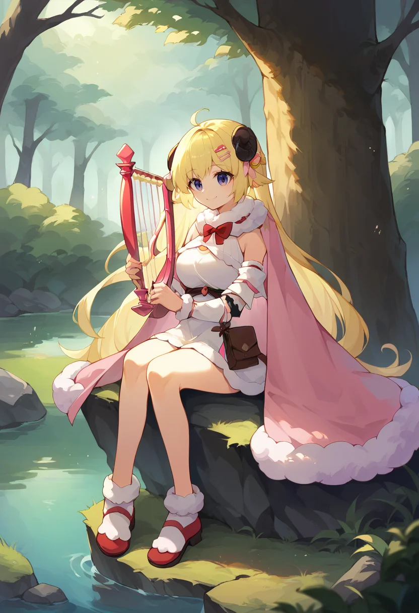 score_9, score_8_up, score_7_up, WatameBase, very long hair, ahoge, hairclip, fur-trimmed dress, short dress, red bowtie, detached sleeves, pouch, fur-trimmed cape, pink cape, smile, holding harp, outdoors, sitting on rock, forest, <lora:CHAR-TsunomakiWatamePonyXL:1>