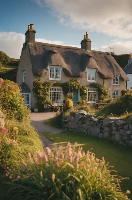 a beautiful cottage, scotland coastal village, (sharp focus:1.2), extremely detailed, (photorealistic:1.4), (RAW image, 8k high resolution:1.2), RAW candid cinema, 16mm, color graded Portra 400 film, ultra realistic, cinematic film still, subsurface scattering, ray tracing, (volumetric lighting)