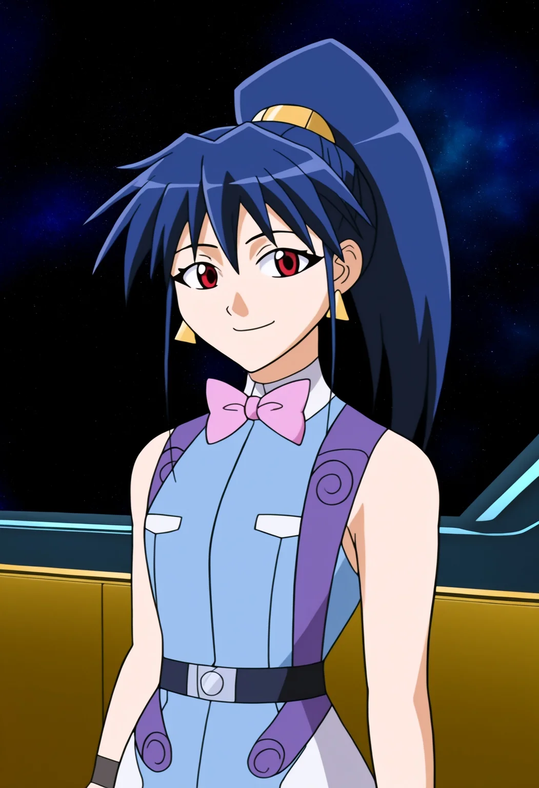 high quality, newest, hires, 1girl, misty cornwell, solo,red eyes, looking at viewer,  smile,long hair,  gloves, bow, jewelry, blue hair,  ponytail, earrings, sleeveless, belt, fingerless gloves, bowtie, pink bow, wristband,  vest, space, indoors, scenery, blue dress,    portrait,