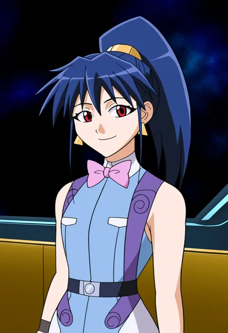 high quality, newest, hires, 1girl, misty cornwell, solo,red eyes, looking at viewer,  smile,long hair,  gloves, bow, jewelry, blue hair,  ponytail, earrings, sleeveless, belt, fingerless gloves, bowtie, pink bow, wristband,  vest, space, indoors, scenery, blue dress,    portrait,