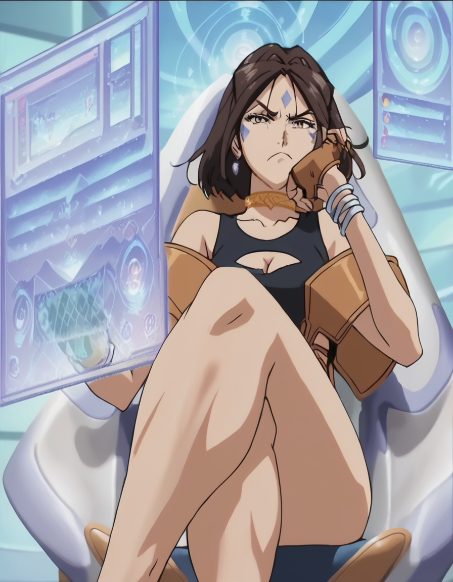 score_9, score_8_up, score_7_up, score_6_up, score_5_up, score_4_up, source_anime,  , Peorth, looking at viewer, gloves, cleavage, jewelry, sitting, choker, fingerless gloves, bracelet, legs, clothing cutout, frown, chair, parody, cleavage cutout, crossed legs, head rest, computer, fake screenshot, cockpit, holographic interface, hologram