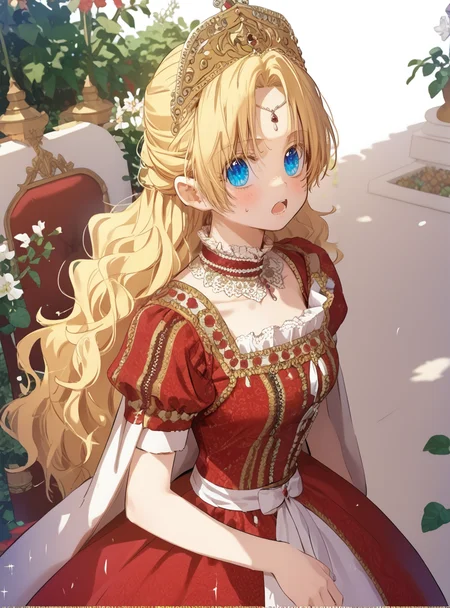 score_9_up, score_8_up, score_7_up, (Anime_source), open mouth, in garden, looking at viewer, <lora:Athanasia_-_Who_Made_Me_a_Princess_-_PONY-Kaleid:1> athanasia, 1girl, blue eyes, long hair, blonde hair, parted bangs, medium breasts, red dress, crown, forehead jewel,