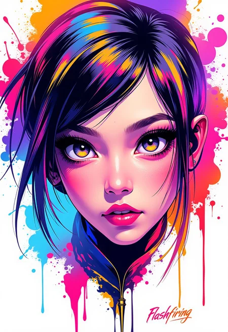 Inkpunk Anime, 1woman, colorful, text over her head says ("Ink Punk Anime"), text on the bottom says ("Flashfiring"), Beautiful eyes