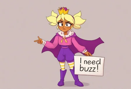 1 girl , bsmandy ,dark-skinned female , blonde hair, short twintails, need_buzz, holding sign, crown , full body, sbodysuit, purple shorts ,pink sweater, cape, yellow striped thighhighs,