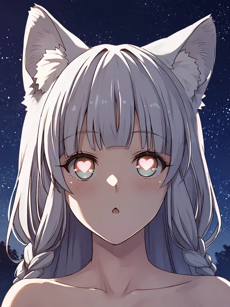 score_9, score_8_up, score_7_up, score_6_up, source_anime, masterpiece, best quality, BREAK, 1girl, white background:1.2, simple background, <lora:Shigure_PDXLv1:0.7> shigure \(kemono michi\), wolf ears, wolf tail, wolf girl, nude, night, heart-shaped pupils,