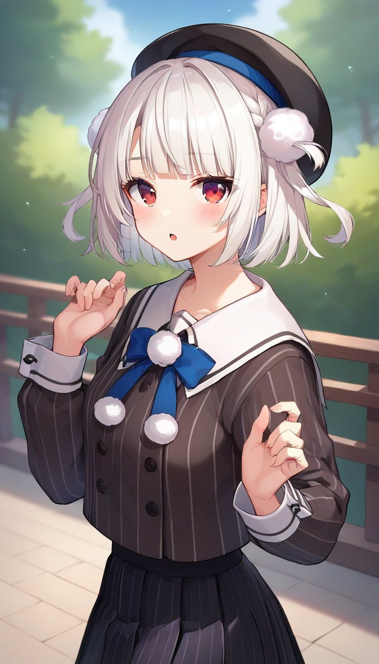 score_9,score_8_up,score_7_up,score_6_up BREAK official art,solo,outdoors,upper body,(portrait:1.5),looking at viewer,facing viewer,blush,shigure ui (vtuber),Ui(voisona),beret,black headwear,white hair,short hair,hair rings,pom pom hair ornament,side braid,french braid,blunt bangs,red eyes,school uniform,black jacket,vertical-striped jacket,white sailor collar,neck ribbon,pom pom (clothes),long sleeves,white wrist cuffs,double-breasted,black skirt,pleated skirt,vertical-striped skirt,blue socks,loafers,black footwear,<lora:Ui(voisona)-Pony:1.2>,