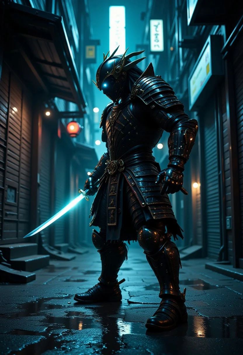 MurphFSF, samurai cyborg holding a sword in a cyberpunk city alley at night, high action pose, highly detailed, reflective armor, shadows