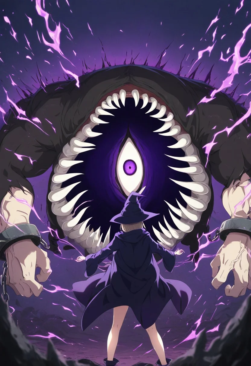 great quality,1boy,solo focus,hetero, ENStyle,,(almic,akakura,ogipote,:0.9),2024 style, (sincos:0.8),extra mouth and eye on stomach, many fangs on stomach,monster,extra mouth on stomach, arms, cuffs,feet out of frame,witch,purple effect, purple aura,dark effect,sparks,evil