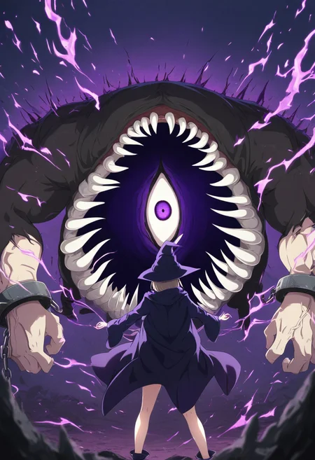 great quality,1boy,solo focus,hetero, ENStyle,,(almic,akakura,ogipote,:0.9),2024 style, (sincos:0.8),extra mouth and eye on stomach, many fangs on stomach,monster,extra mouth on stomach, arms, cuffs,feet out of frame,witch,purple effect, purple aura,dark effect,sparks,evil