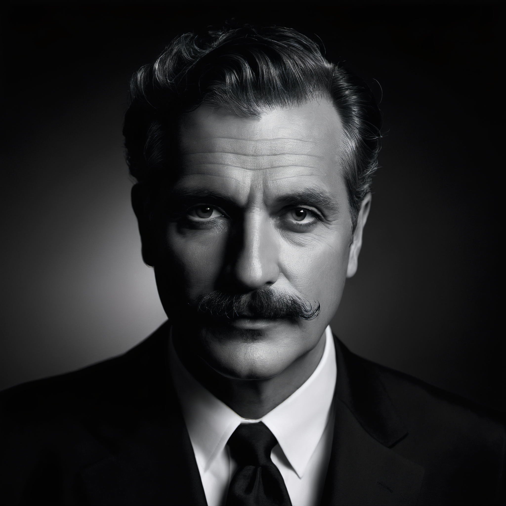 cinematic photo a black and white photo of a man with a moustache, in the style of mario testino, contrasting lights and darks, paolo veronese, glamorous hollywood portraits, marc chagall, animated film pioneer, pentax 645n,deepdarkstudio,dark black background with a white gradient around the man,((high contrast:2)) <lora:Deep_Dark_Studio_XL-000003:0.5 . 35mm photograph, film, bokeh, professional, 4k, highly detailed